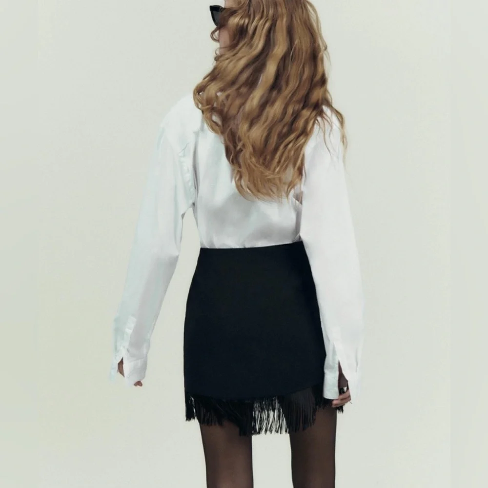 Zara Elegant Black Fringe Mini Skirt